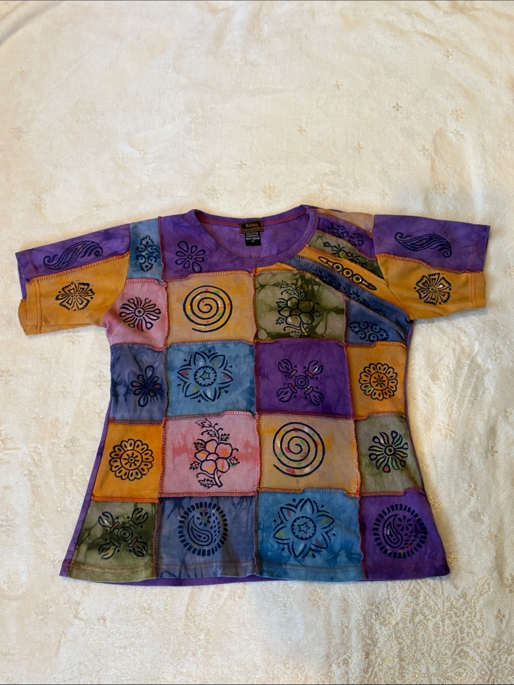 Rising International Patchwork Tie-Dye Boho Tee Top Medium M Hippie Festival